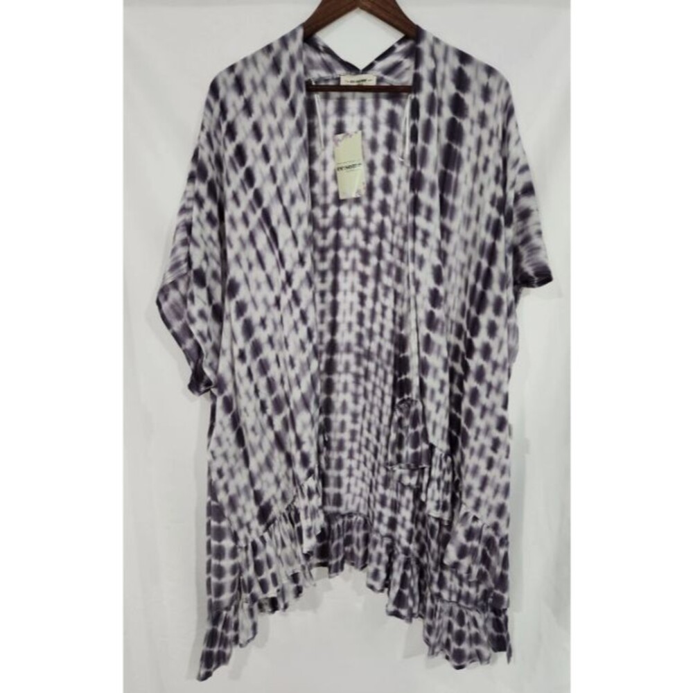 ee:some Tie Dye Kimono Cardigan Ruffle Hem Cover Up Black Gray White One Size